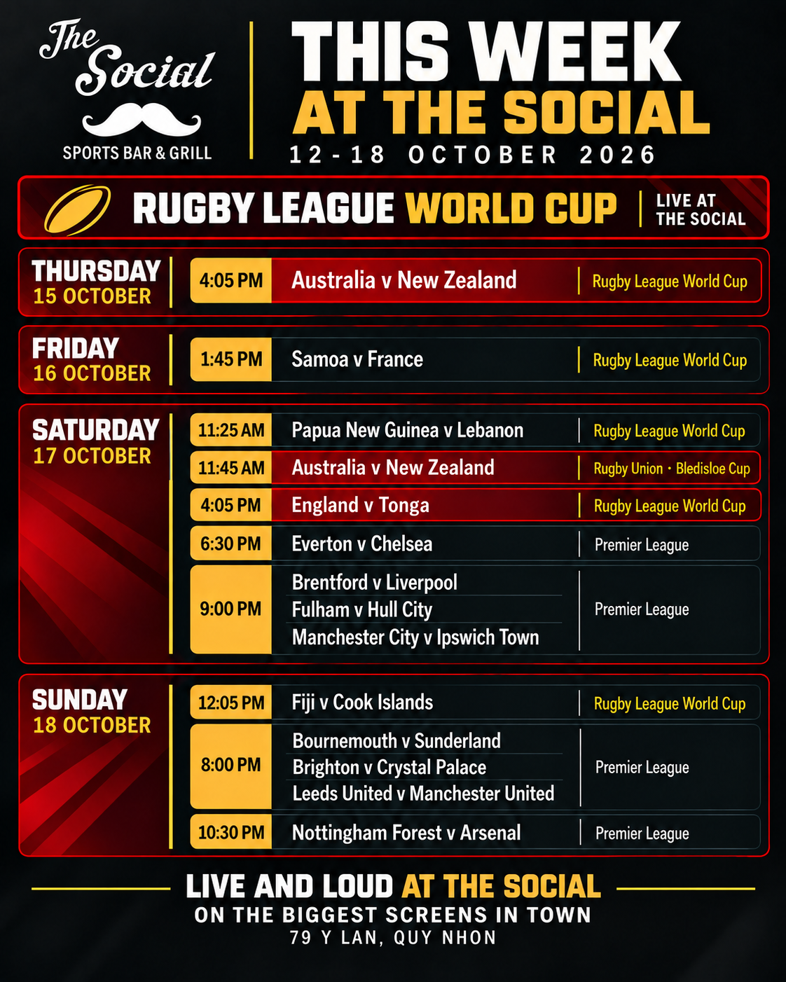 This Week at The Social poster listing Rugby League World Cup and Premier League matches from 12 to 18 October 2026, with times in Vietnam