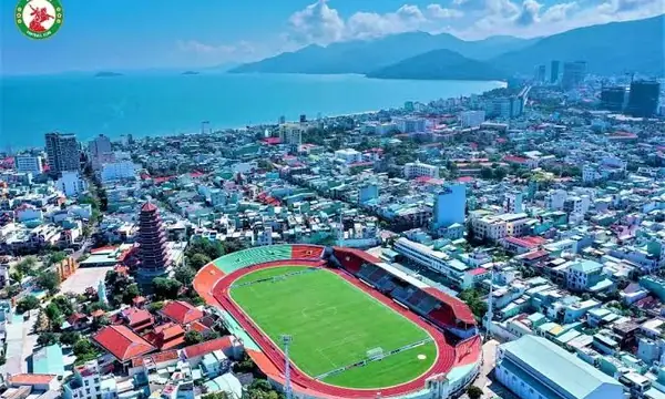 An aerial view of Quy Nhon Stadium and the surrounding city