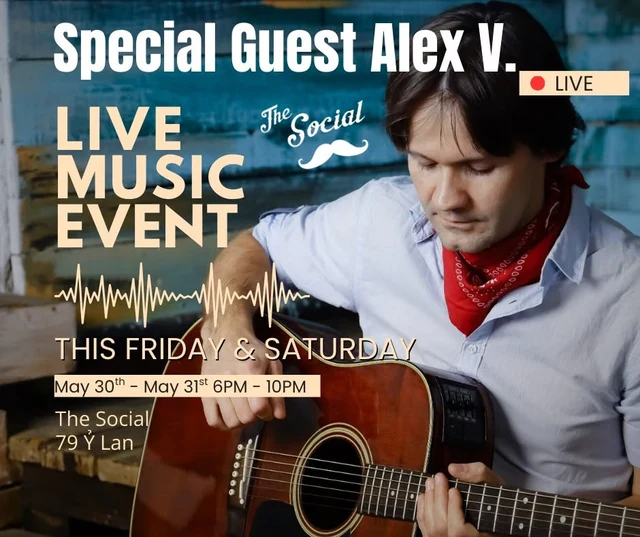 Áp phích nhạc sống Alex V. với đàn guitar acoustic và ngày diễn 30–31/5