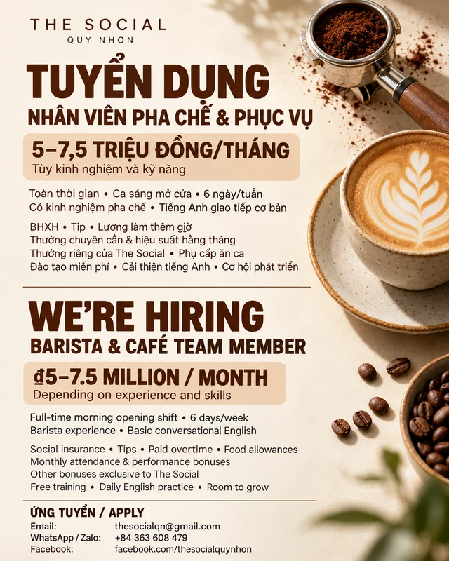 Áp phích tuyển nhân viên pha chế và phục vụ tại The Social Quy Nhơn bằng tiếng Việt và tiếng Anh.